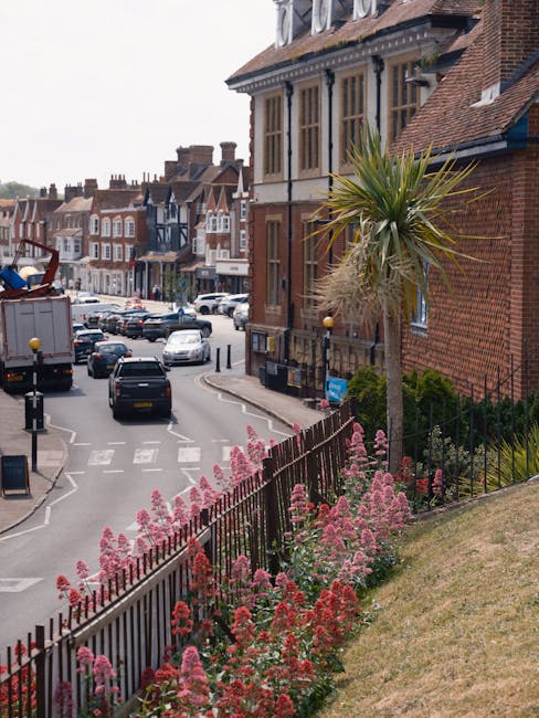 A residential street scene featuring a well-maintained garden bed along a black wrought iron fence in the foreground, populated with pink and red flowering plants. Beyond the garden, a slender palm tr